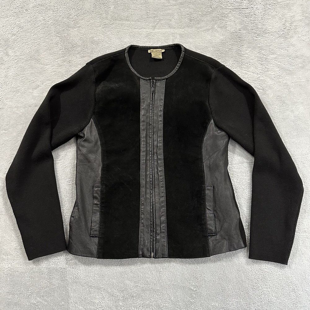 Escapade Full Zip Jacket Women Large Tan Faux Suede Leather Black Vtg